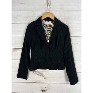 Candie's Blazer Womens Small Black Pinstripe Metallic Leopard Lined Jacket